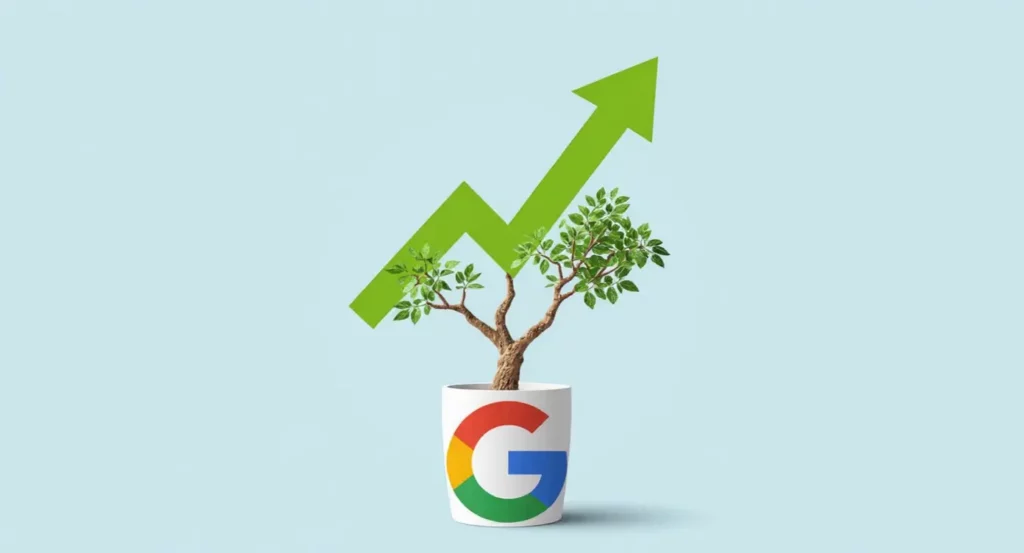 Plante en pot avec le logo Google et une flèche verte ascendante, symbolisant la croissance et le succès en SEO.