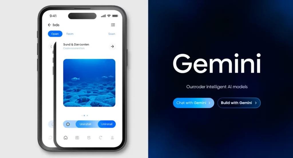 Interface mobile de Gemini affichant une image sous-marine, avec options pour chatter et construire des modèles AI.
