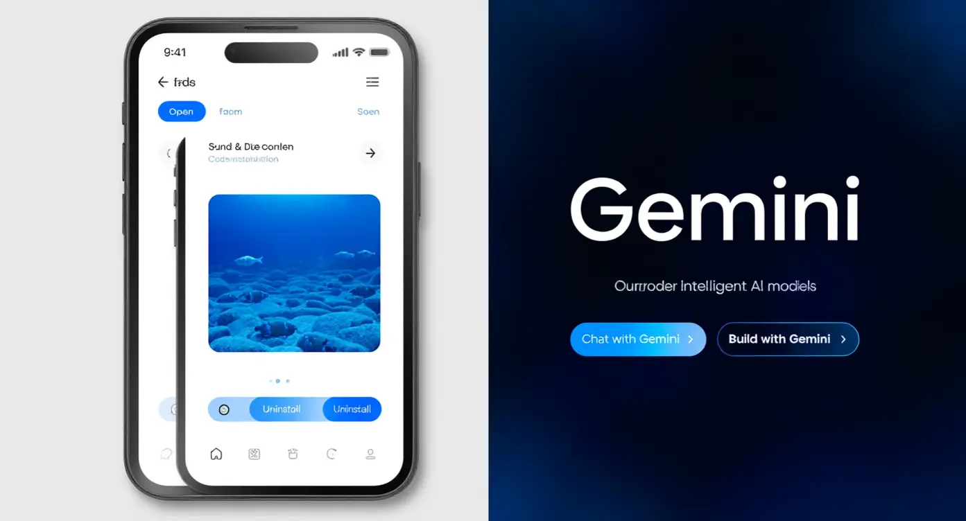 Interface mobile de Gemini affichant une image sous-marine, avec options pour chatter et construire des modèles AI.