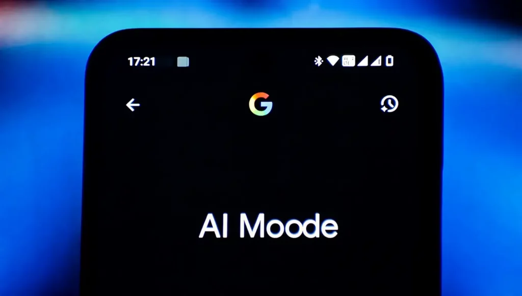 Écran de smartphone affichant "AI Moode" avec le logo Google et des icônes de connexion en haut.