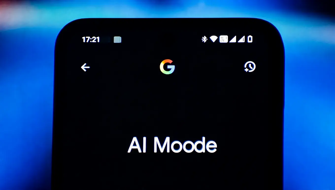 Écran de smartphone affichant "AI Moode" avec le logo Google et des icônes de connexion en haut.