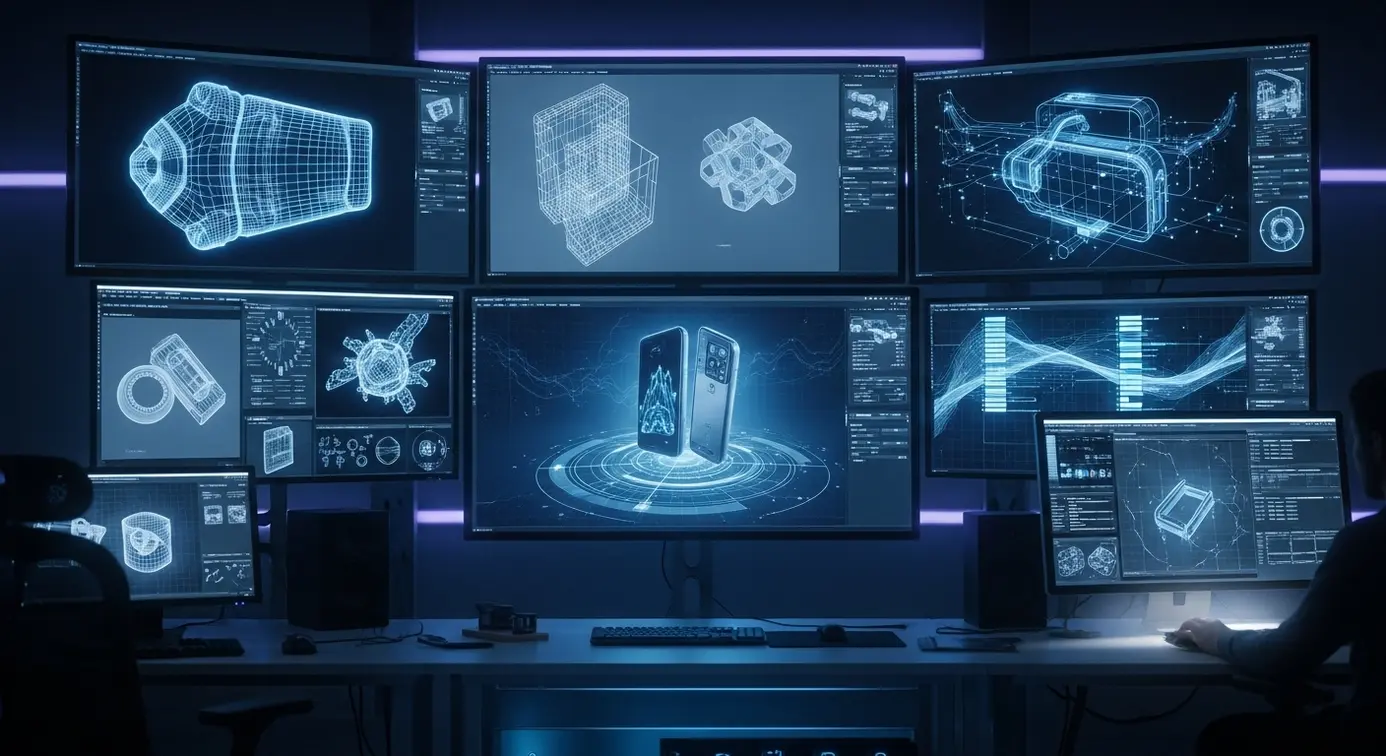 Une salle de studio numérique avec des écrans montrant des graphiques, des modèles 3D et des interfaces techniques, illustrant les progrès technologiques dans la conception de produits.