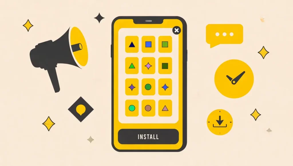 Illustration d'un smartphone affichant des formes colorées et le bouton "INSTALL", avec un mégaphone et des icônes.