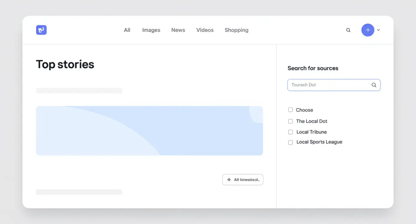 Interface d'actualités avec titres principaux, options de recherche et sources d'articles à sélectionner.