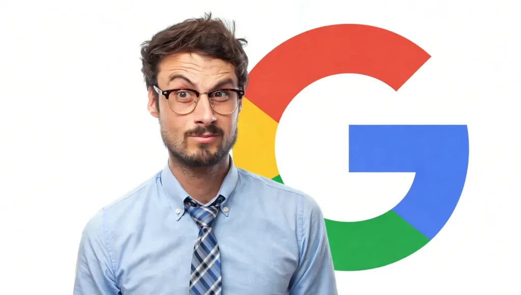 Homme avec lunettes et chemise bleue, souriant devant le logo coloré de Google.
