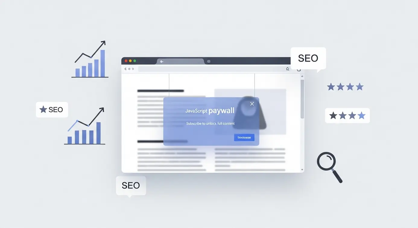 Une image représentant un navigateur avec un paywall JavaScript entouré de symboles SEO, illustrant l'optimisation selon les directives de Google.