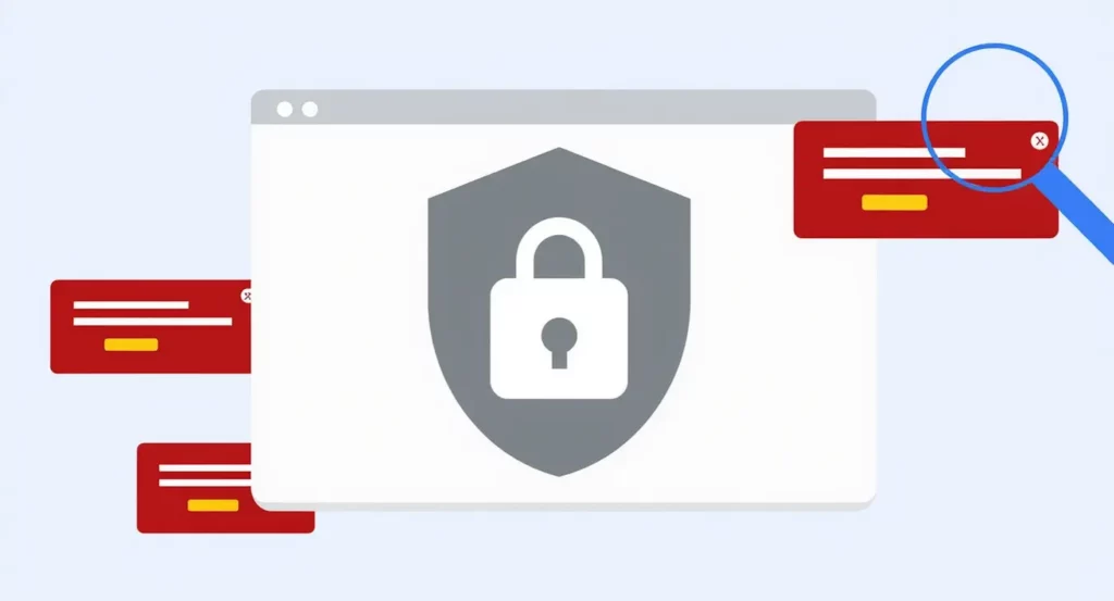 Image illustrant la cybersécurité avec un cadenas sur un bouclier et des alertes rouges de sécurité sur un écran.