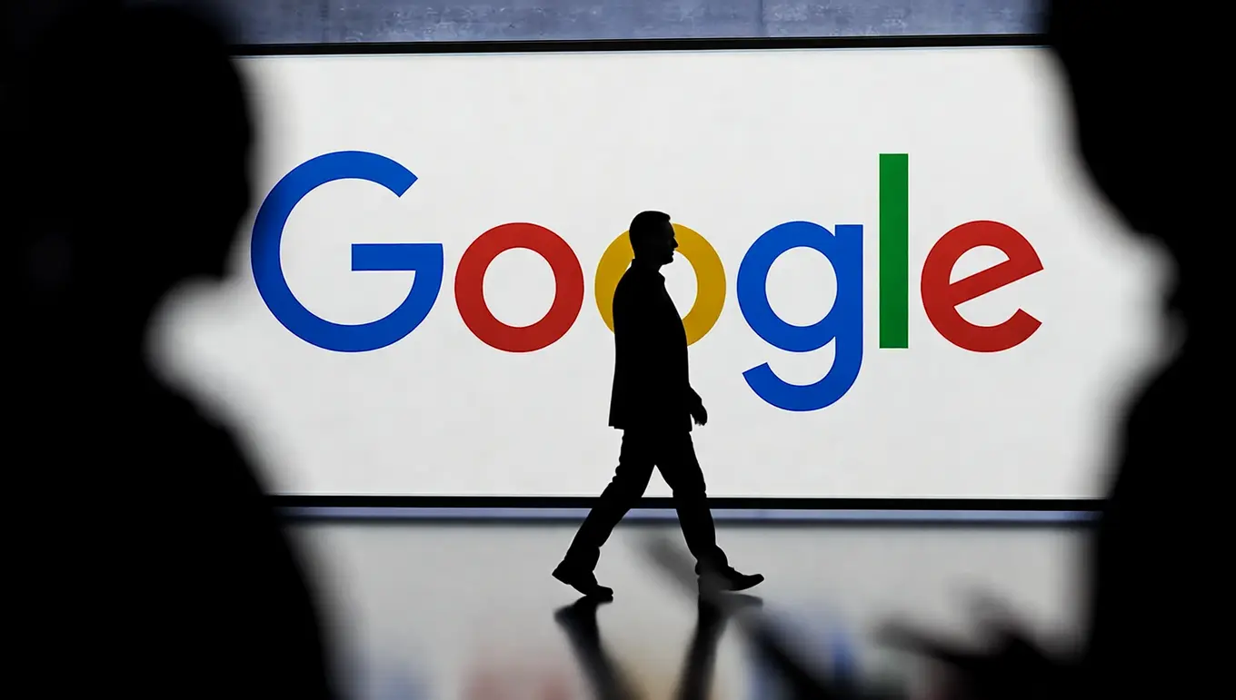 Silhouette d'une personne marchant devant le logo coloré de Google sur un fond lumineux.