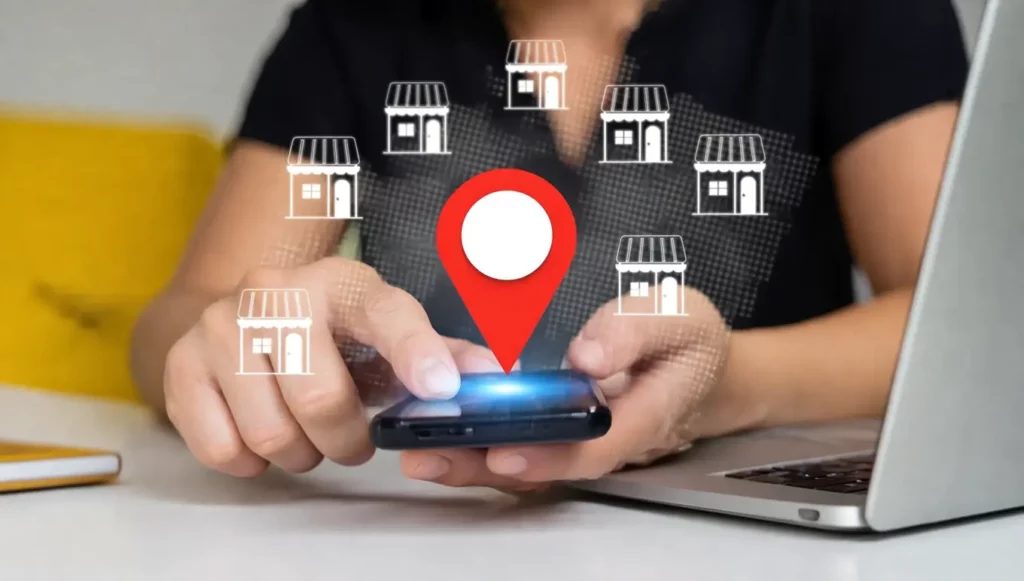 Utilisateur utilisant un smartphone pour rechercher des magasins locaux avec une icône de localisation.
