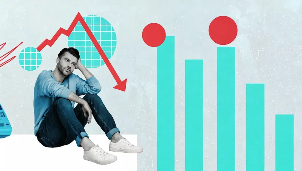 Homme pensif assis avec des graphiques de performance, symbolisant des défis et des tendances économiques.