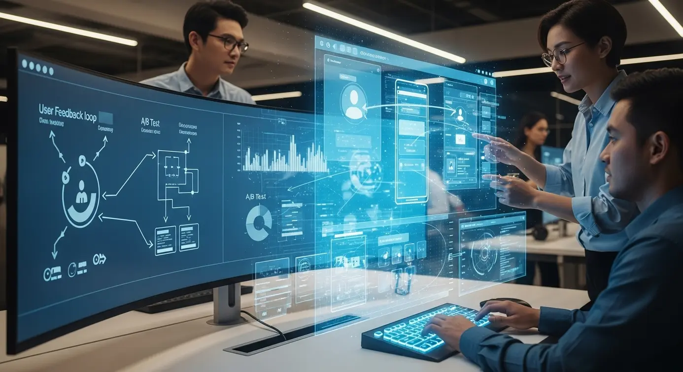 Des professionnels en technologie travaillant sur des interfaces numériques pour améliorer l'expérience utilisateur dans un environnement futuriste et innovant.