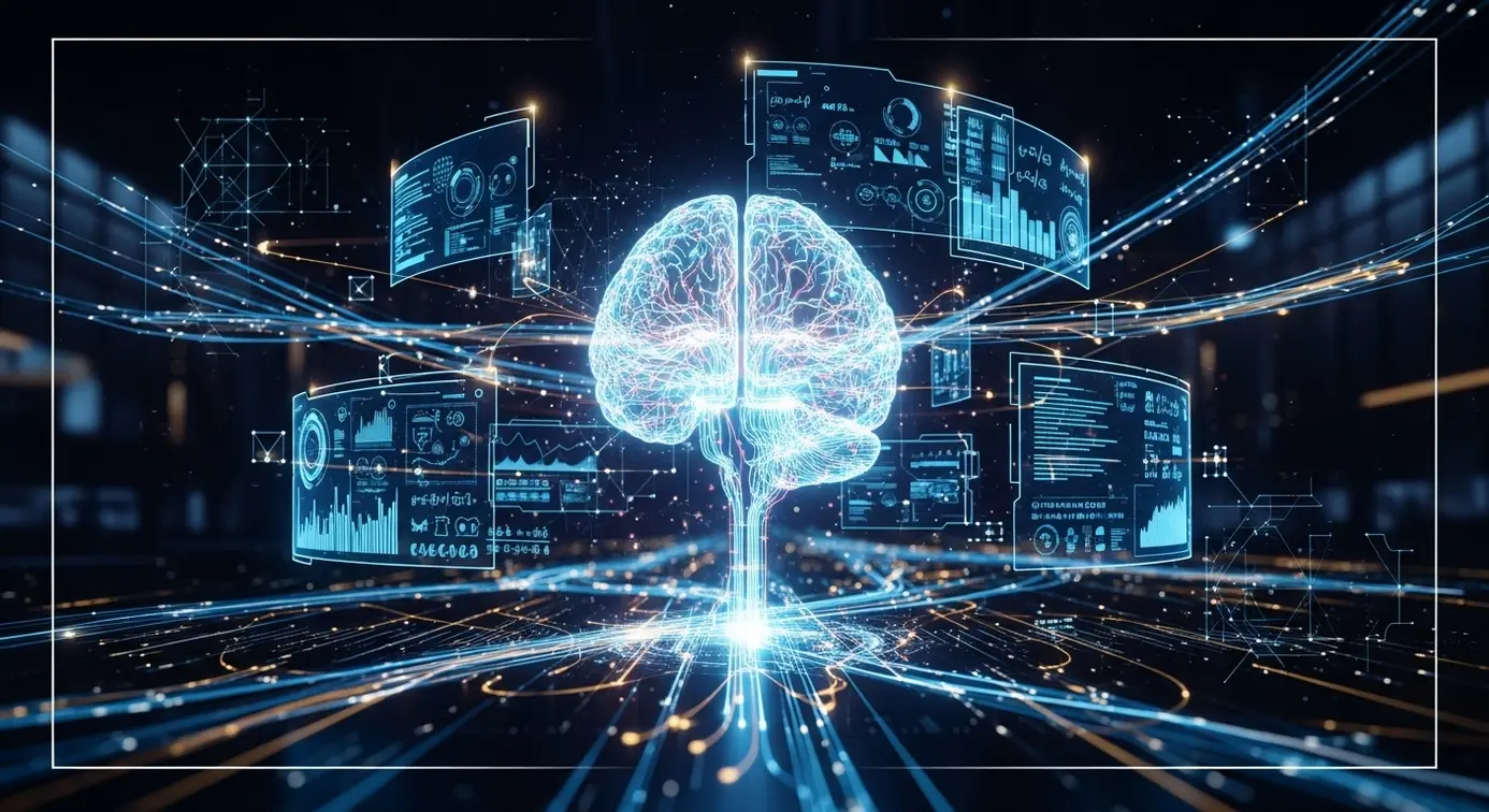 Une représentation visuelle d’un cerveau numérique connecté à un réseau lumineux avec des interfaces holographiques illustrant des interactions technologiques avancées.