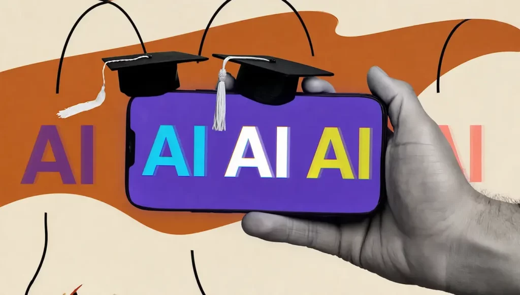 Main tenant un smartphone affichant "AI" en couleur sur fond violet avec des chapeaux de diplômés en haut.