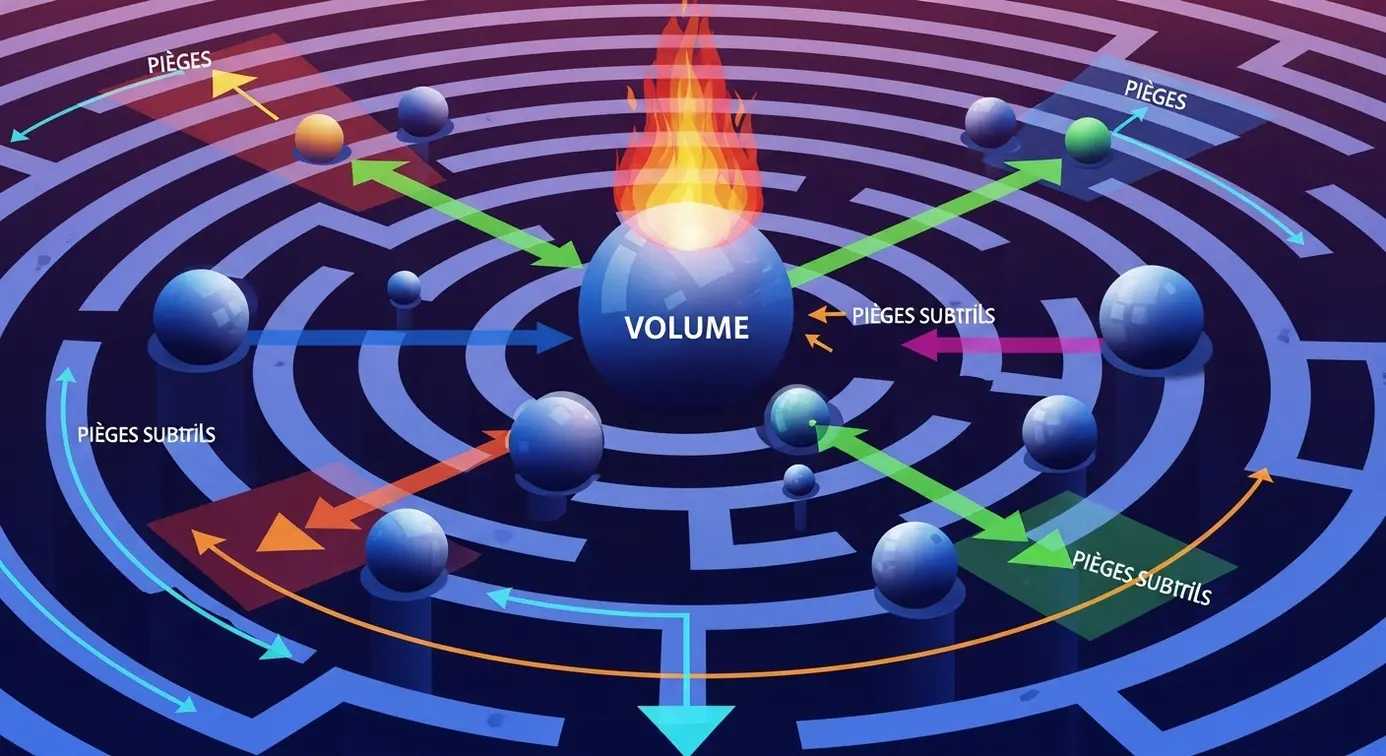 Une image montrant un labyrinthe avec des sphères de différentes tailles et des flèches, symbolisant les pièges liés à la gestion du volume en marketing.