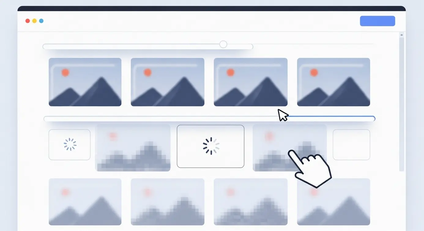 Une représentation graphique d'un navigateur avec des images en cours de chargement progressif, illustrant la vérification du lazy loading pour le référencement.