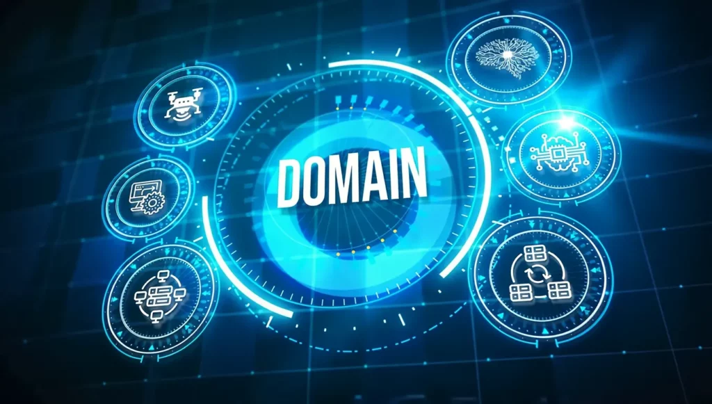Graphique numérique en bleu illustrant des concepts technologiques autour du mot "DOMAIN" et plusieurs icônes.