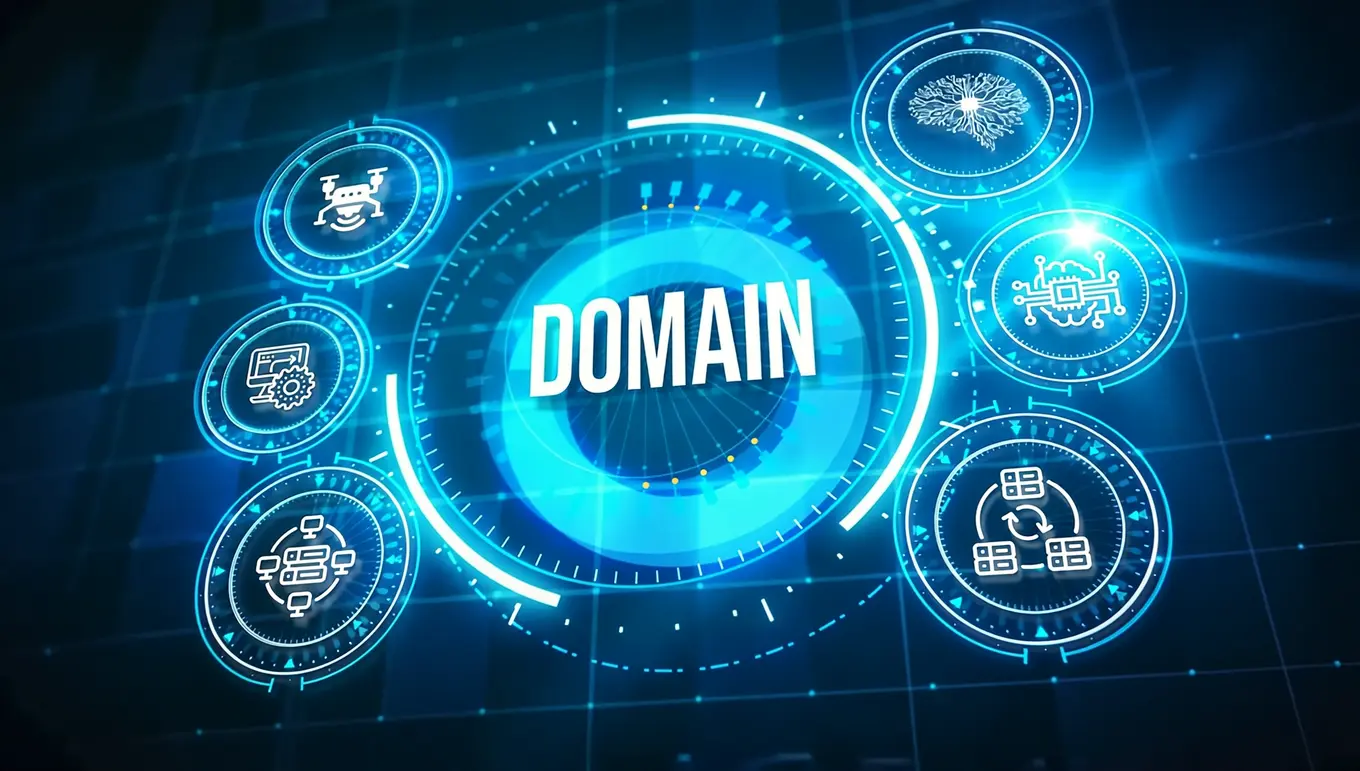 Graphique numérique en bleu illustrant des concepts technologiques autour du mot "DOMAIN" et plusieurs icônes.