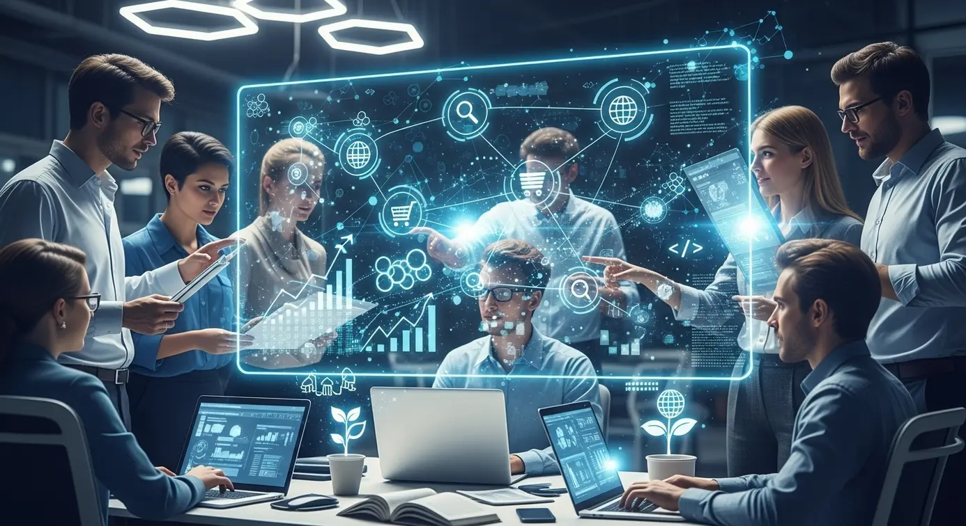 Utilisateurs et développeurs travaillant ensemble sur des appareils numériques, entourés d'icônes de domaines et de symboles de connectivité.