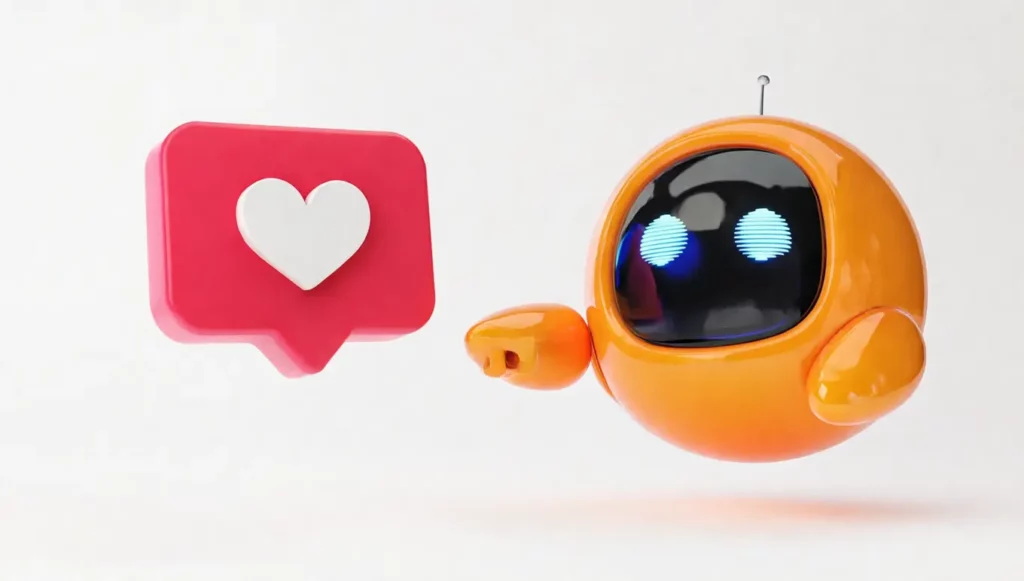 Robot orange souriant avec un message de notification rosa comportant un symbole de cœur, symbolisant l'interaction numérique.