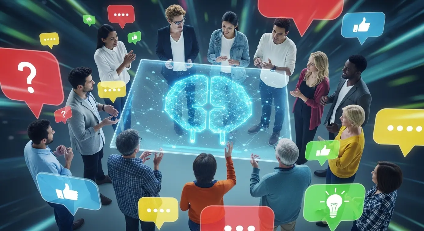 Un groupe de personnes discutant devant un écran numérique avec des symboles d'intelligence artificielle et des commentaires flottants autour, illustrant des réactions et critiques.