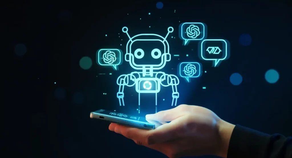 Robot numérique interactif émettant des messages de chat depuis un smartphone, sur fond sombre.