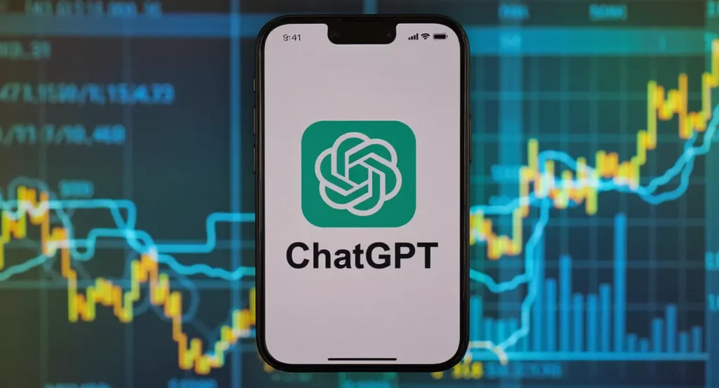 Écran de téléphone affichant le logo de ChatGPT sur fond de graphiques financiers et de courbes de données.