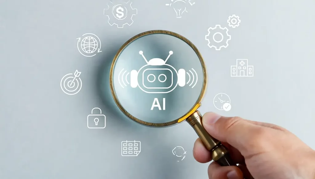 Loupe focalisée sur un robot intelligent avec des icônes symbolisant la technologie et l'innovation.