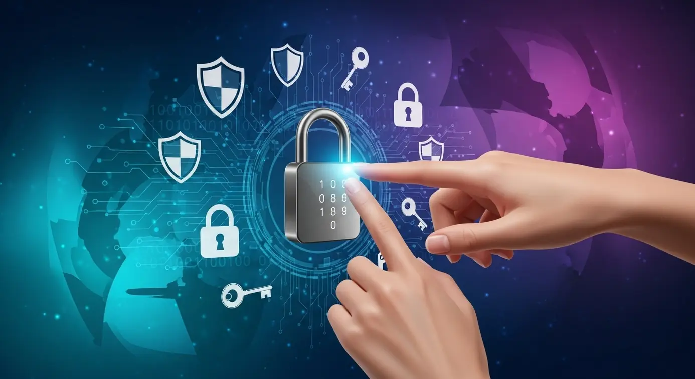 Une main humaine avec un cadenas numérique sécurisé et des icônes de protection, symbolisant la sécurité et la responsabilité en ligne.