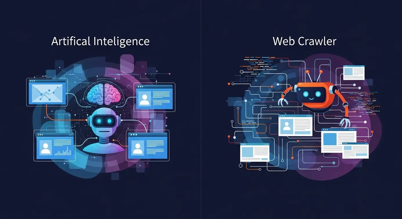 Une image comparant un assistant IA et un robot crawler parcourant des sites web.
