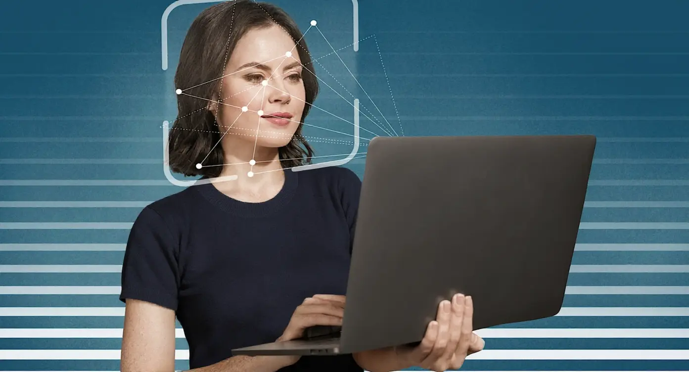 Femme utilisant un ordinateur portable avec un fond de ligne graphique et des éléments de technologie d'analyse faciale.