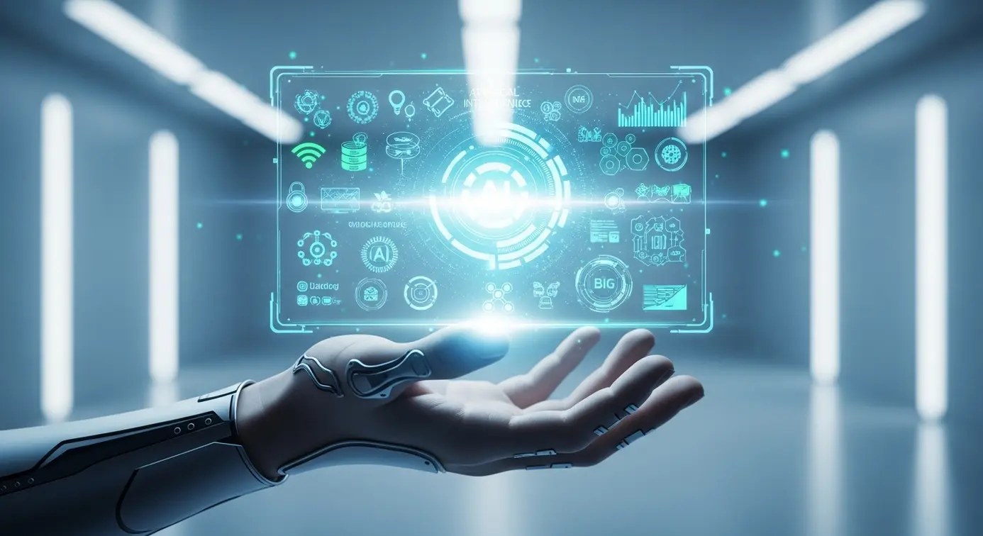 Une main tenant un hologramme illustrant des icônes technologiques et des graphiques symbolisant des outils de personnalisation digitale.