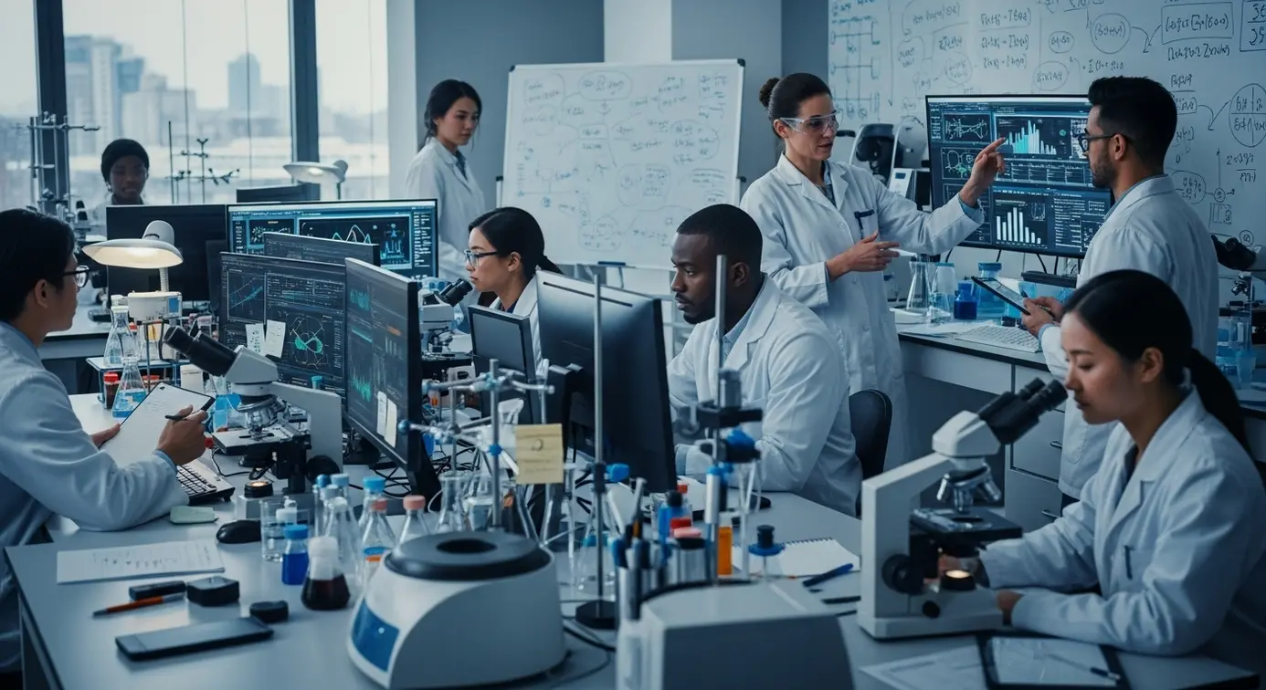 Des chercheurs examinant des données et des graphiques sur des écrans dans un environnement de laboratoire.