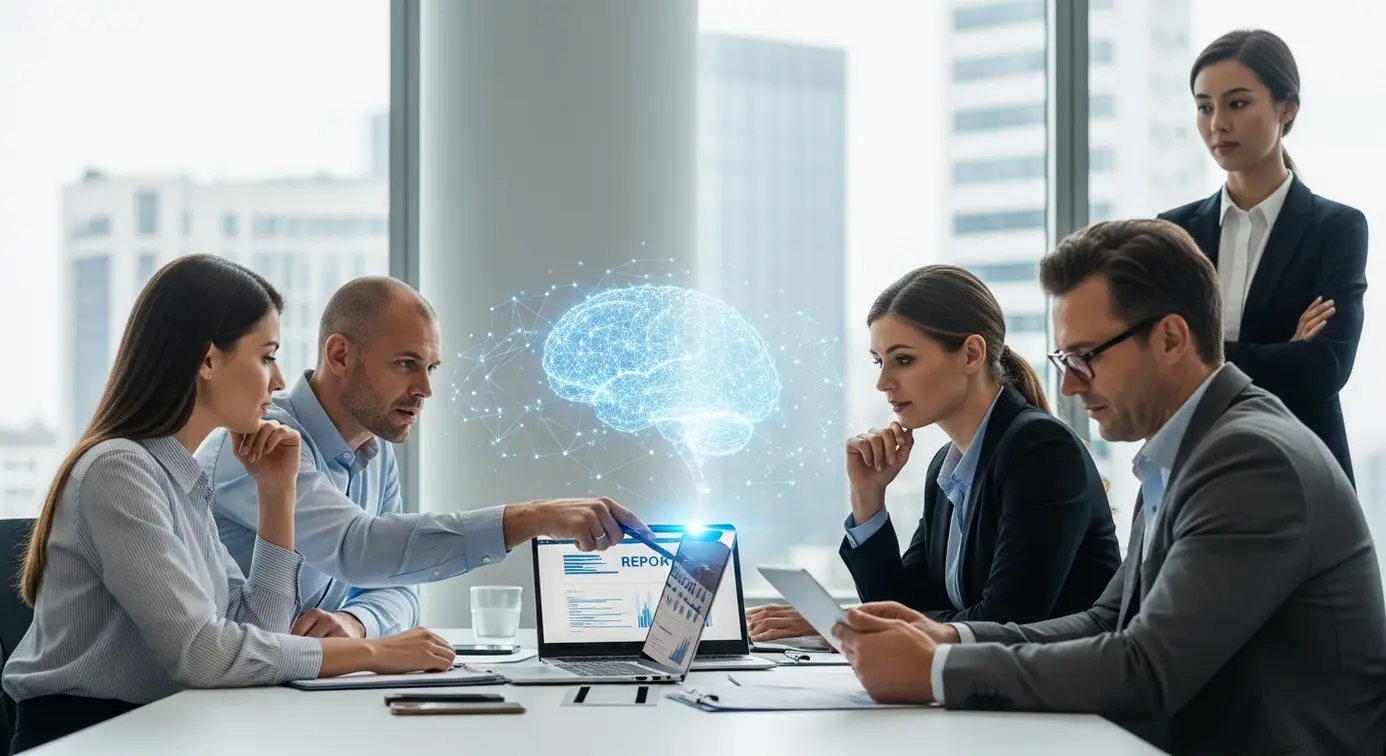 Des professionnels en réunion utilisant des appareils numériques, avec une représentation abstraite d’un cerveau d’IA en arrière-plan, illustrant les enjeux de l’apprentissage de l’intelligence artificielle dans le milieu professionnel.