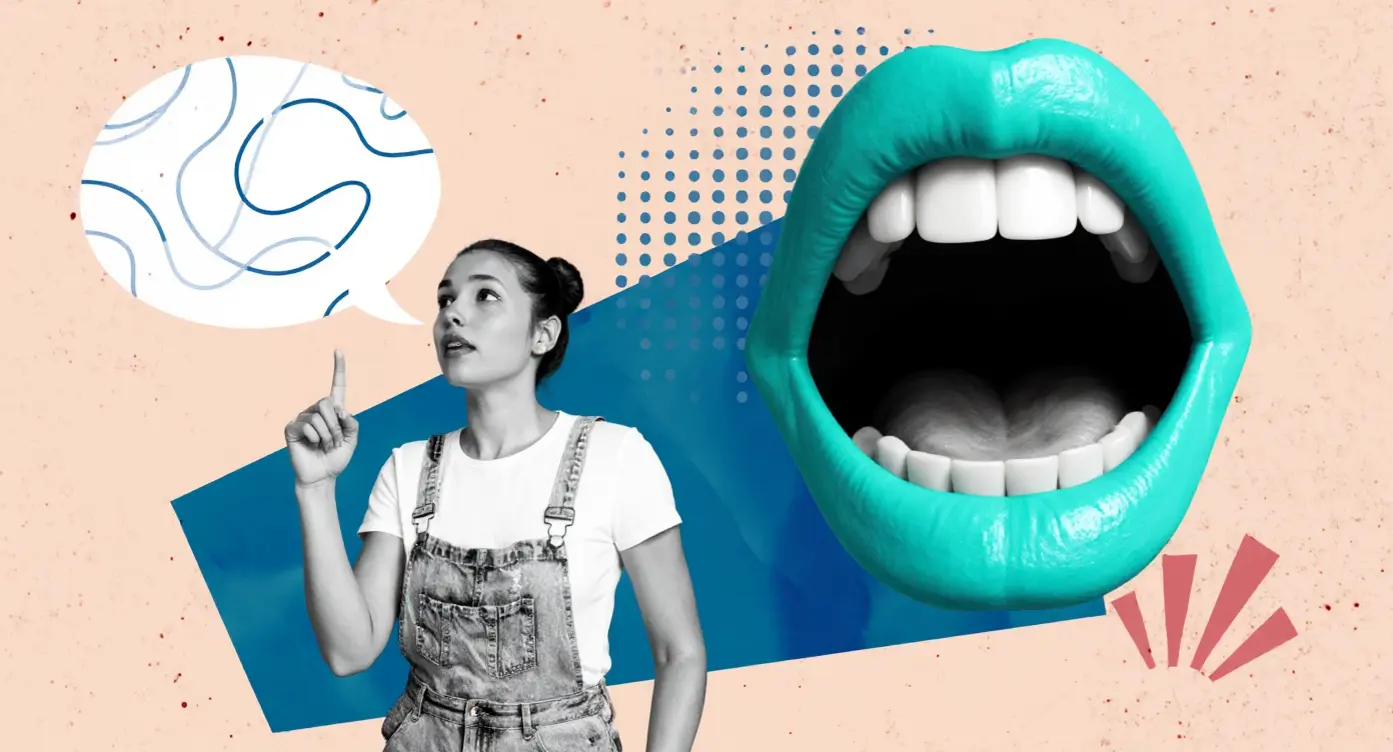 Femme pensant, levant un doigt, avec une grande bouche turquoise en arrière-plan et un nuage de dialogue graphique.