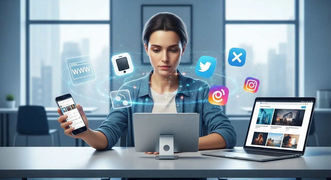 Une personne utilisant un smartphone, une tablette et un ordinateur portable pour naviguer entre différentes plateformes numériques.