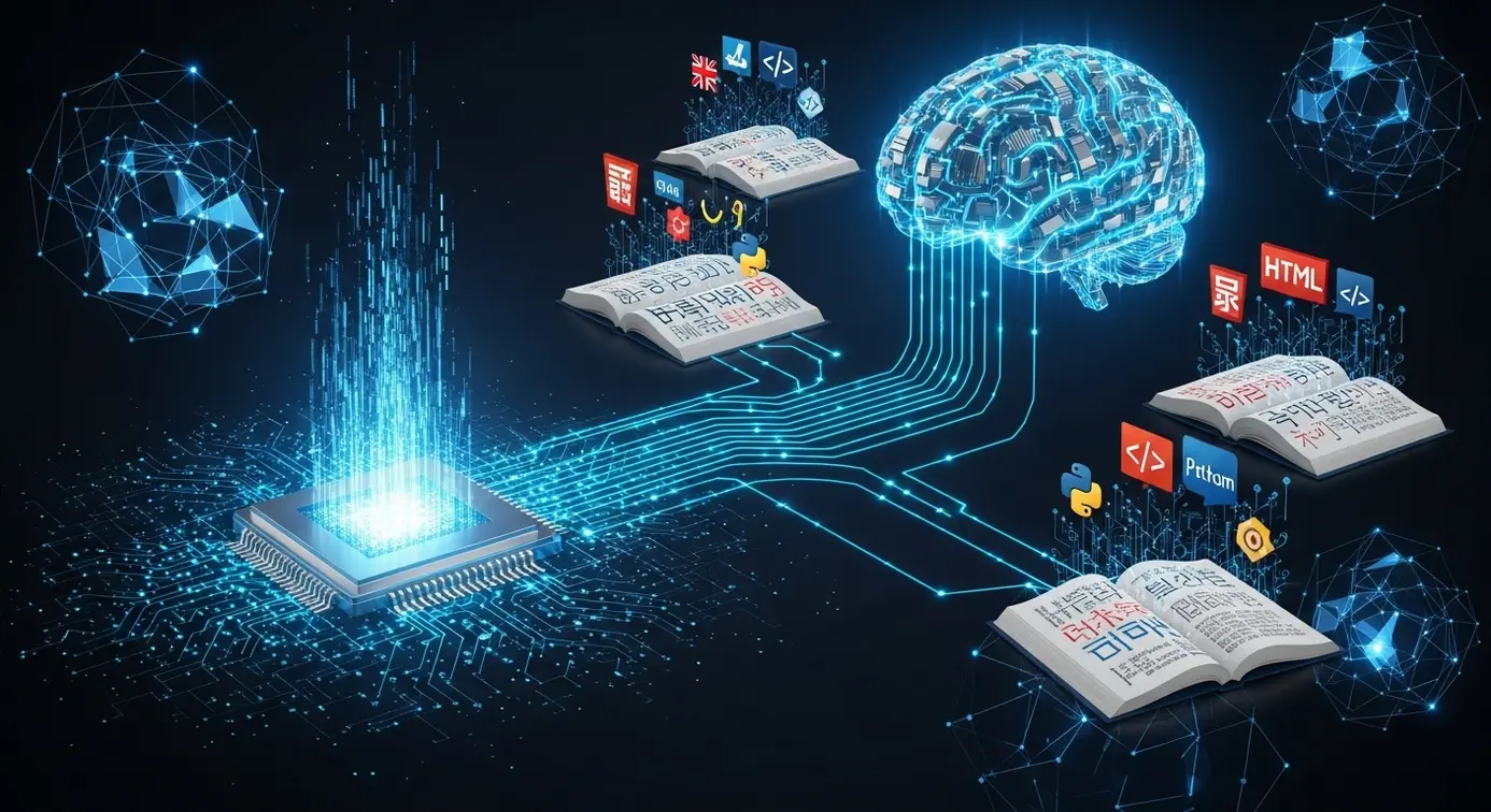 Un cerveau numérique connecté à des livres et des icônes de code, symbolisant l’impact de l’intelligence artificielle sur l’apprentissage linguistique.