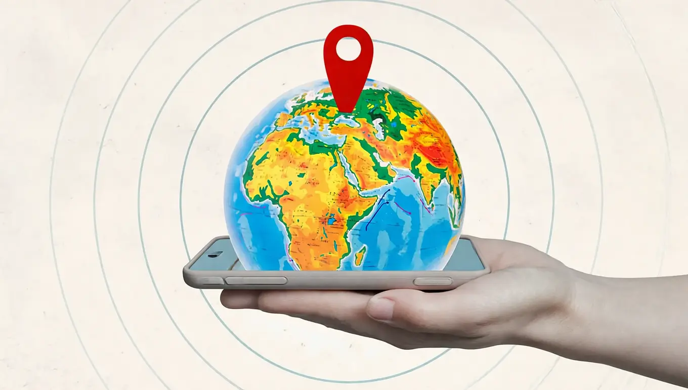 Main tenant un smartphone avec un globe terrestre affichant un repère de localisation, symbole de géolocalisation.