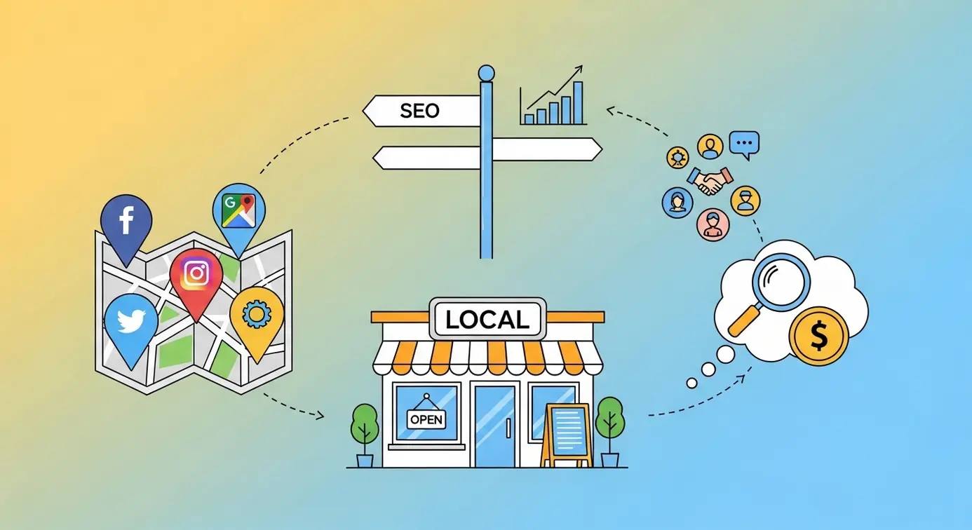 Représentation visuelle de divers éléments influençant la visibilité locale, comme une boutique, des réseaux sociaux, et des indicateurs de référencement.