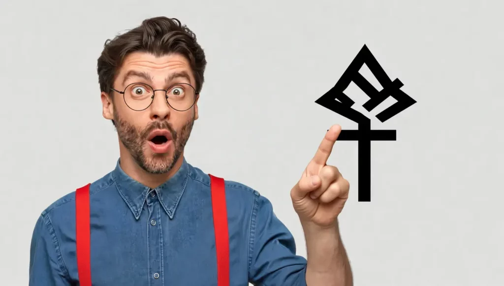 Homme avec des lunettes, montrant un symbole graphique, exprimant la surprise avec une gestuelle enthousiaste.