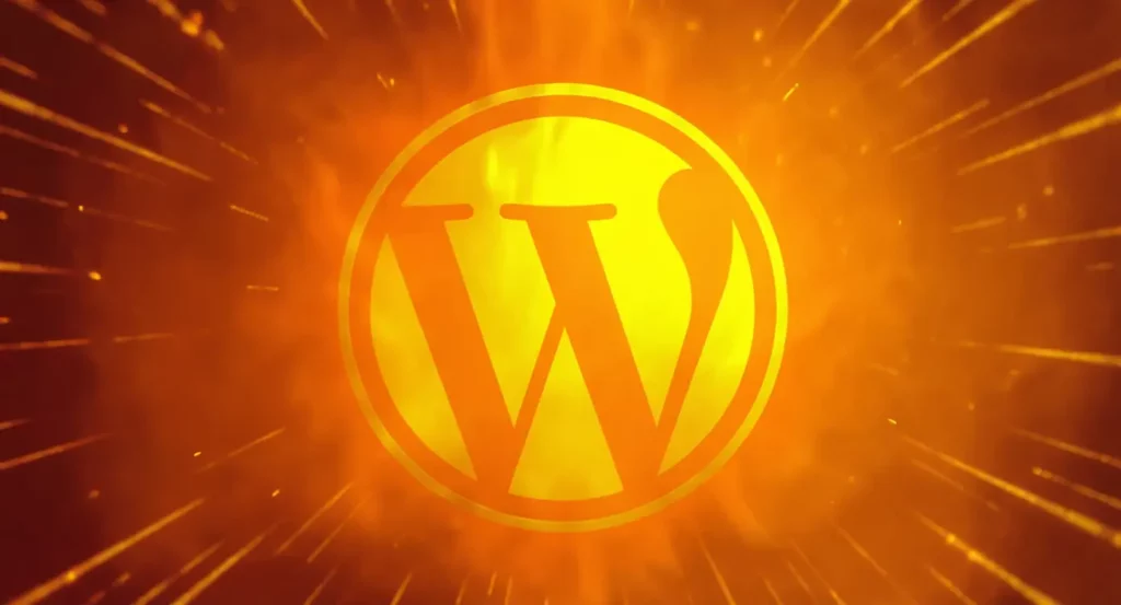 Logo WordPress sur fond orange massif avec des éclats lumineux, symbole de création de sites web.