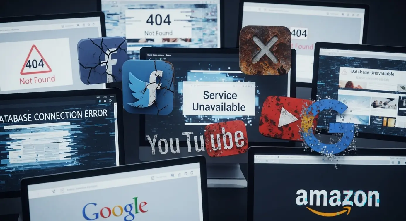 Représentation de sites web affectés avec des icônes endommagées et des écrans d'erreur pour illustrer les conséquences possibles.