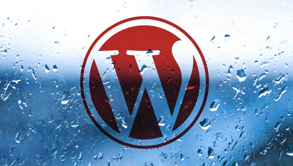 Logo de WordPress avec un fond flou et des gouttes d'eau, symbolisant la gestion de contenu en ligne.