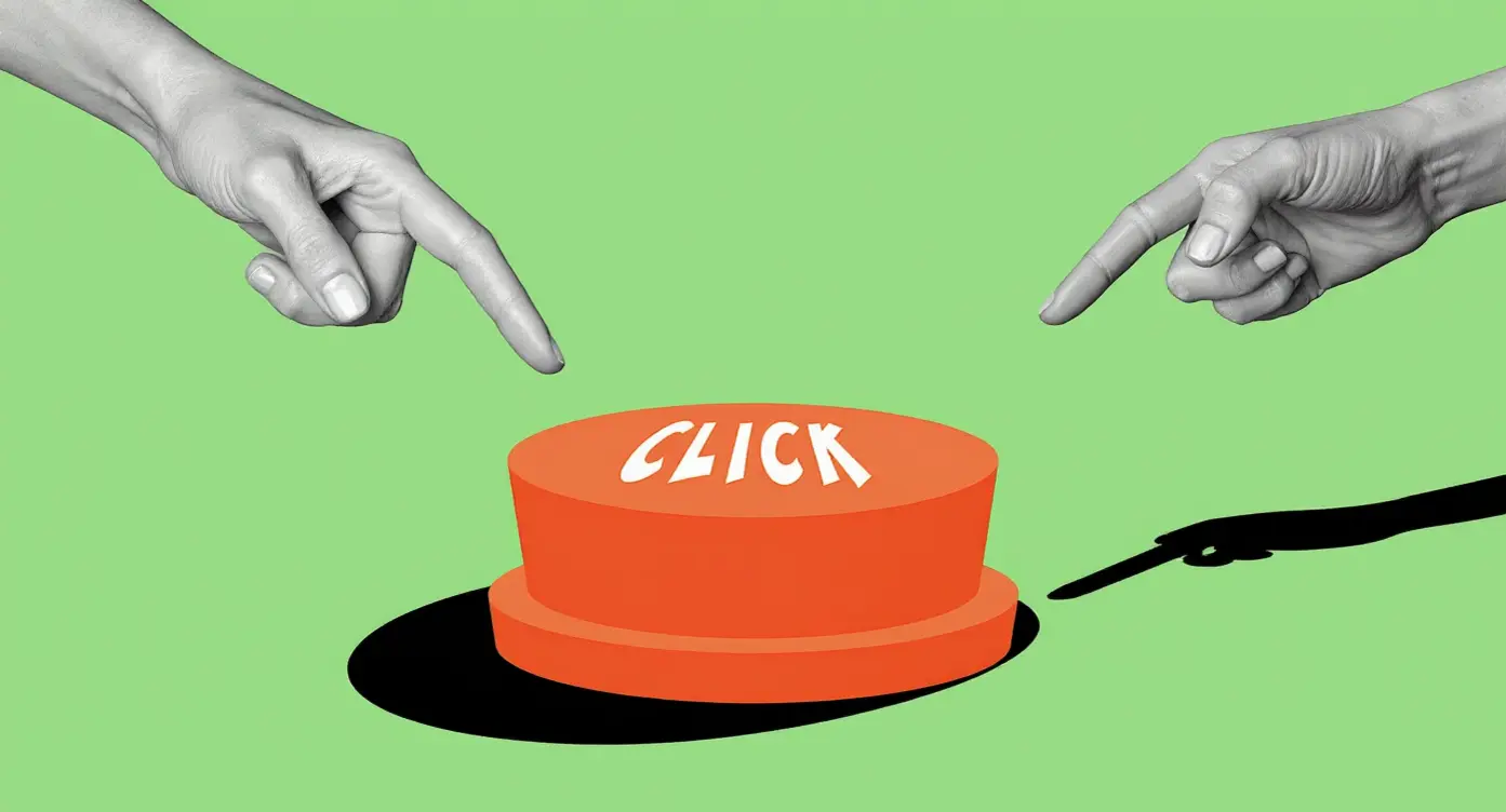 Deux mains pointent un bouton orange "CLICK" sur un fond vert, symbolisant l'interaction numérique.