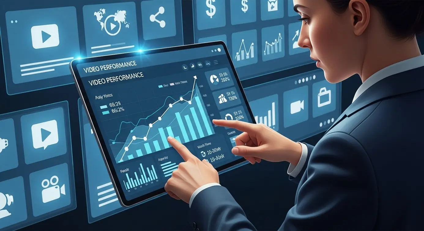Une personne analysant des graphiques et des icônes liés à la publicité vidéo sur un écran numérique dans un environnement moderne.