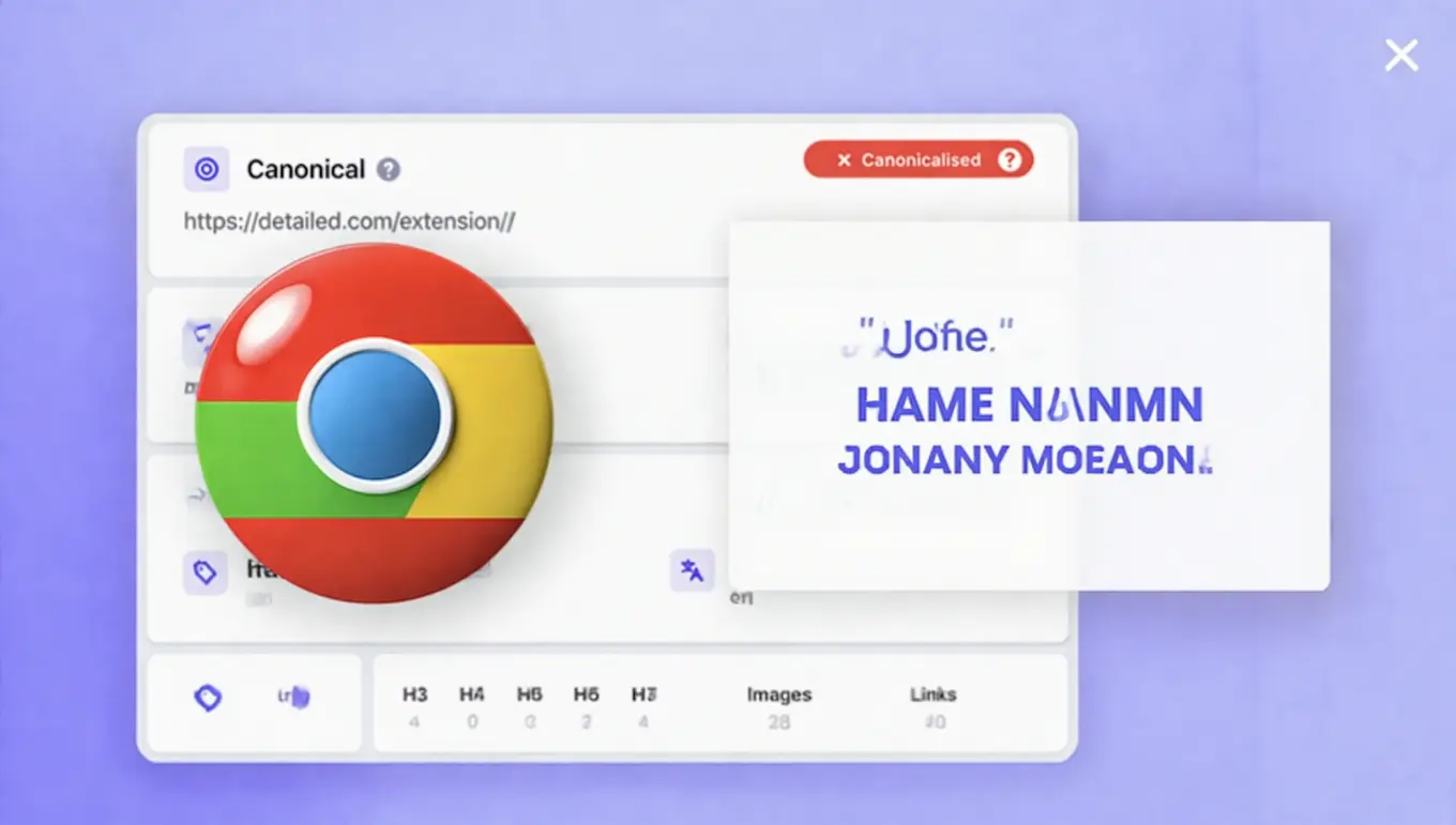 Logo de Google Chrome avec un fond violet, représentant des éléments de SEO et des balises HTML.