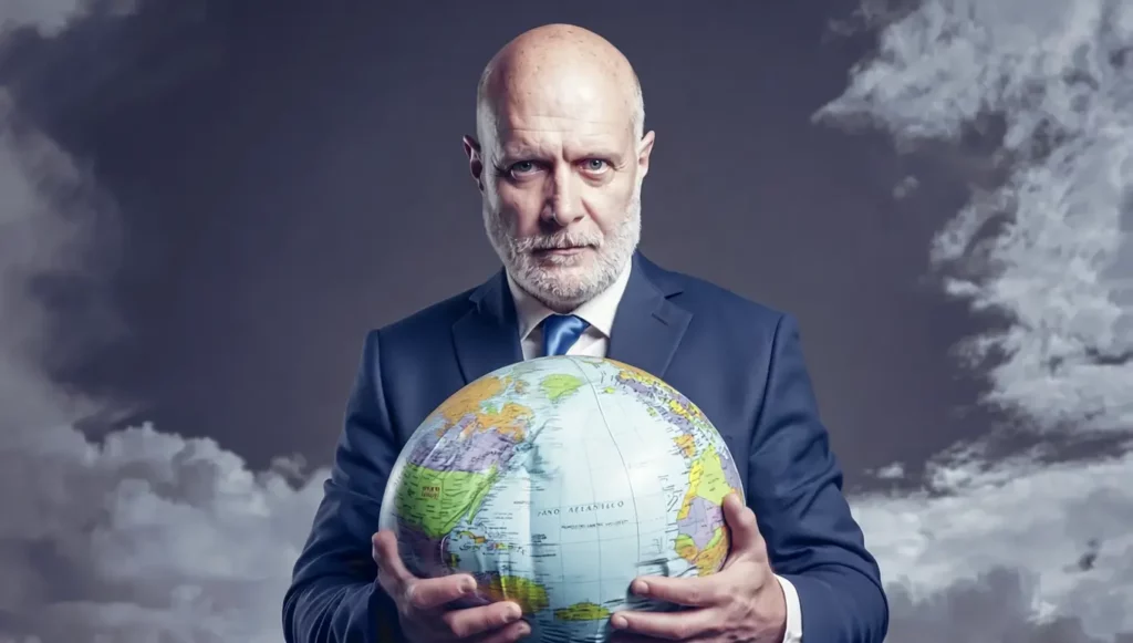 Homme d'affaires en costume tenant un globe terrestre, symbolisant l'influence mondiale et la responsabilité environnementale.