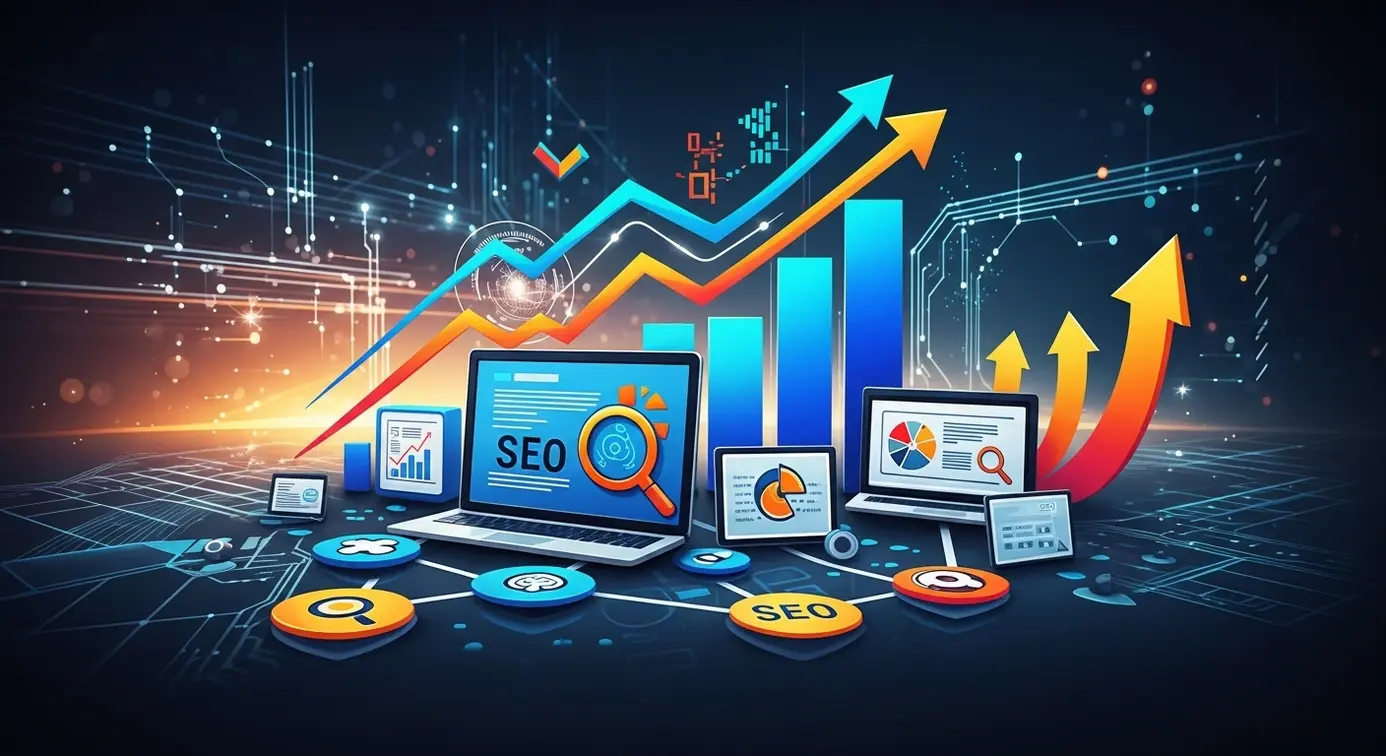 Une représentation visuelle de la recherche en ligne et des tendances numériques en expansion, avec des graphiques et des symboles technologiques évoquant l’actualité rapide du SEO.