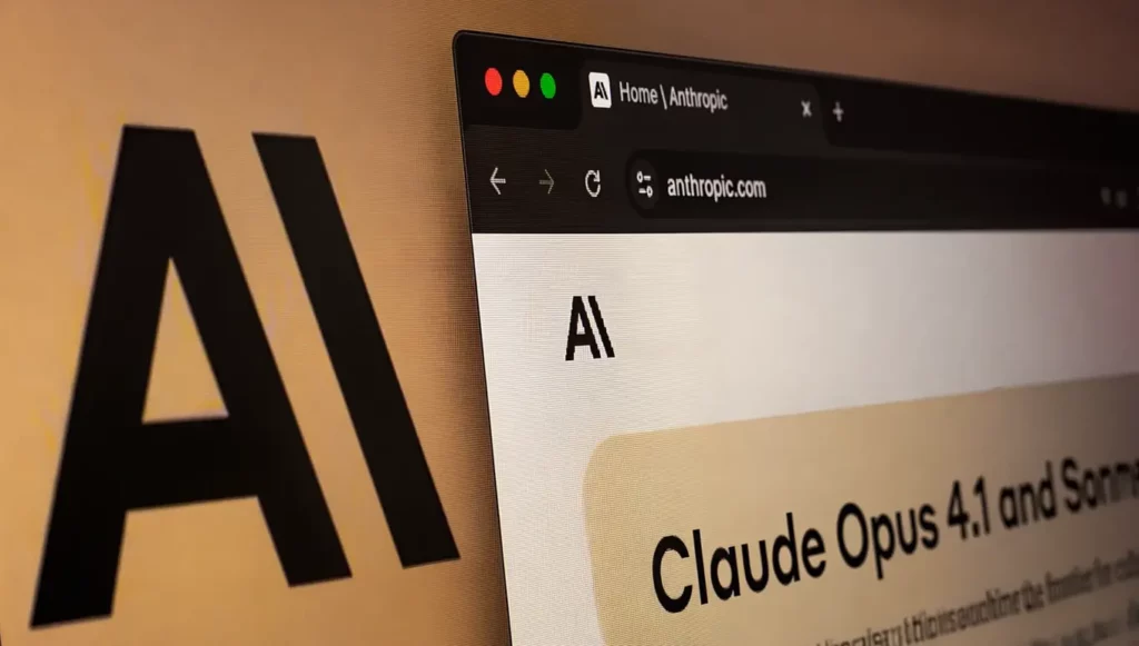 Logo "AI" en noir sur fond beige, avec un aperçu du site anthropic.com et mention de Claude Opus 4.1.