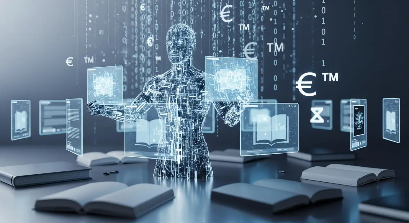 Une illustration représentant l'impact de l'IA sur le secteur de l’édition, avec une intelligence artificielle traitant des livres numériques et des éléments technologiques modernes.