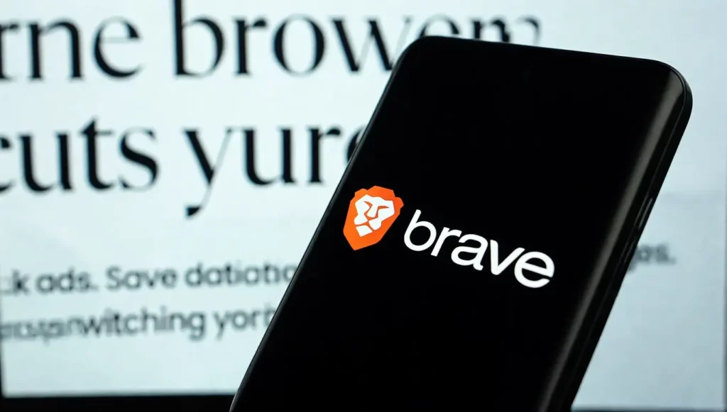 Logo de Brave sur smartphone avant un fond affichant des textes sur la protection de la vie privée en ligne.